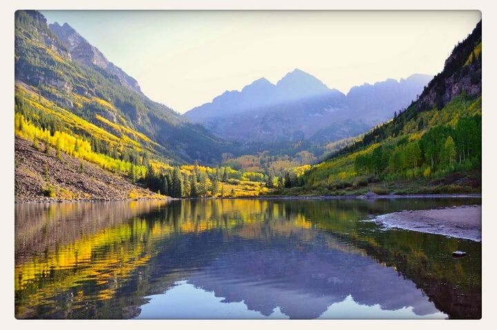 mountain, tranquil scene, water, tranquility, lake, scenics, reflection, mountain range, beauty in nature, transfer print, tree, nature, auto post production filter, waterfront, clear sky, idyllic, sky, non-urban scene, landscape, river