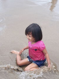 High angle view of woman on beach