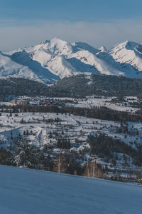 Scenic view of snowcapped mountains against sky