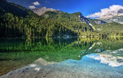 Scenic view of lake by mountains against sky
