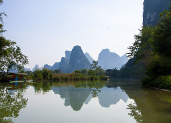 Scenic view of lake and mountains against clear sky