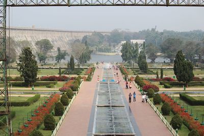 High angle view of people at railway bridge