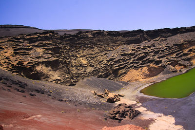 Scenic view of land and mountains against sky