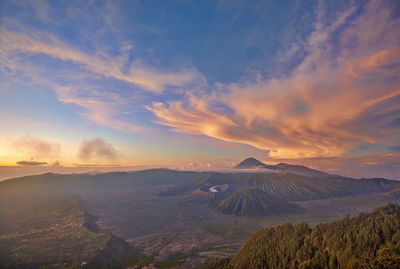 Scenic view of landscape against cloudy sky during sunset