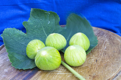 High angle view of fruits on wood