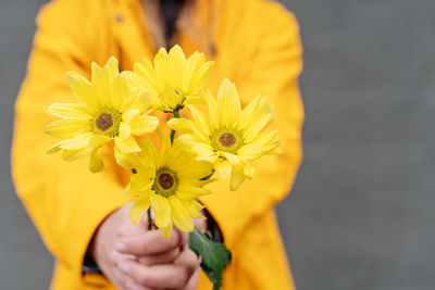 Cropped hand of woman holding yellow flower