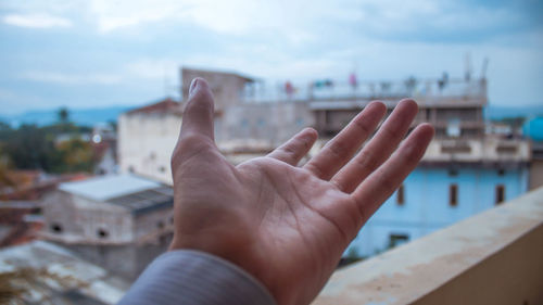 Cropped image of person with cityscape against sky