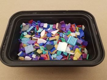 High angle view of multi colored candies on table