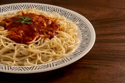 Close-up of noodles served in plate