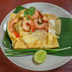 High angle view of seafood in plate on table