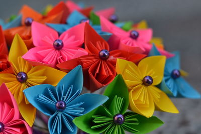 High angle view of multi colored paper flowers