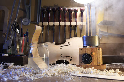 Close-up of work tools on table