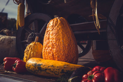 Vintage cart full with freshly picked vegetables. autumn harvest