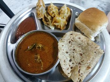 High angle view of food in plate on table