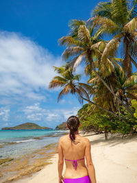 Rear view of shirtless man at beach against sky