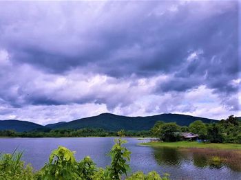 Scenic view of lake against cloudy sky