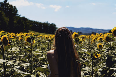 Rear view of woman on sunflower field against sky