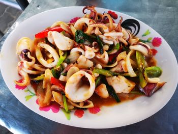 High angle view of food served in plate