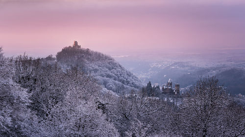 Scenic view of winter against sky during sunset