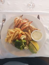 High angle view of food served on table