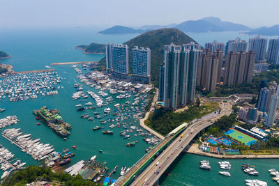 High angle view of city by sea