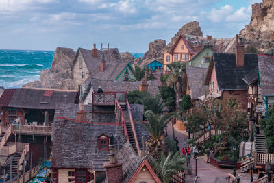 High angle view of buildings in town