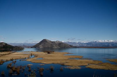 Scenic view of lake and mountains against clear blue sky