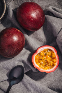 High angle view of fruits in bowl on table