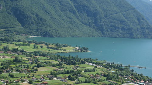 High angle view of bay against clear sky