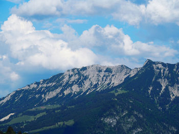 Low angle view of snowcapped mountains against sky