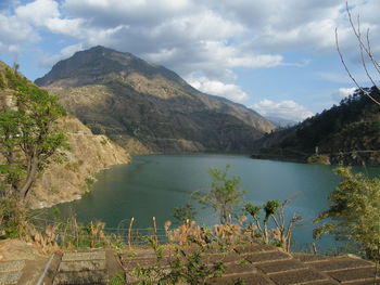 Scenic view of lake against cloudy sky