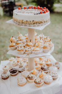 High angle view of cupcakes on table