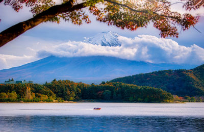 Scenic view of lake and mountains against sky