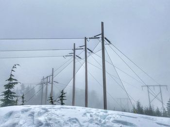 Snow covered electricity pylon against sky