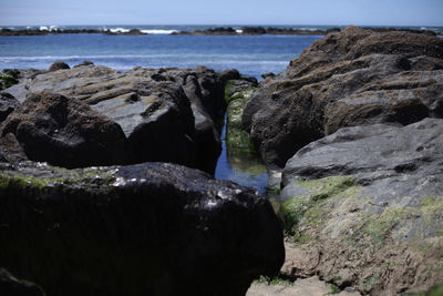 Rock formation on beach against sky