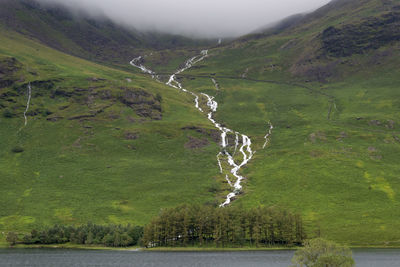 Scenic view of river amidst mountains