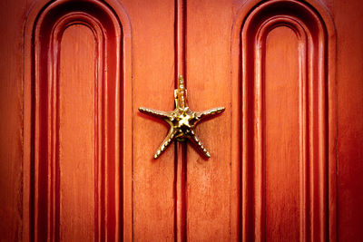 A golden starfish as a door knocker on a richly glowing wooden front door 