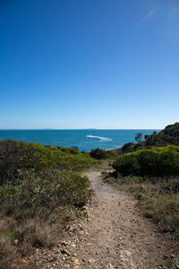 Scenic view of sea against clear blue sky