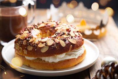 Close-up of cake in plate on table