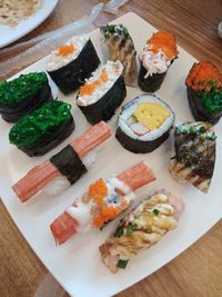 High angle view of sushi in plate on table