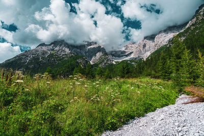 Panoramic view of the sexten dolomites, italy.