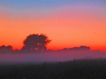 Silhouette trees on landscape against romantic sky at sunset