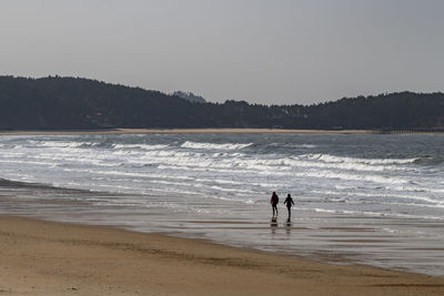 People on beach against clear sky