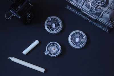 High angle view of coins on table