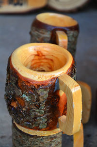 Close-up of cedar wood cups for sale at market