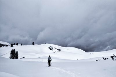 People on snowcapped mountain against sky