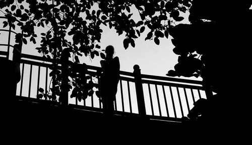 Low angle view of silhouette people standing against railing