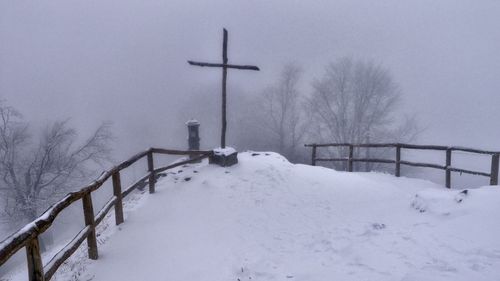Snow covered landscape against sky