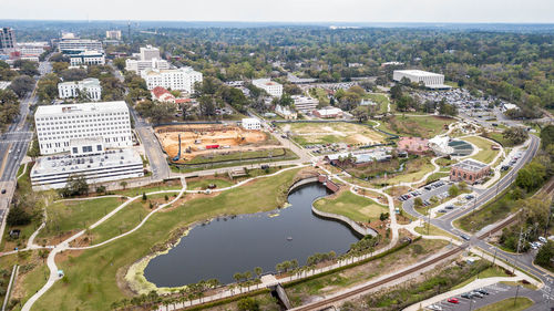 High angle view of river amidst buildings in city