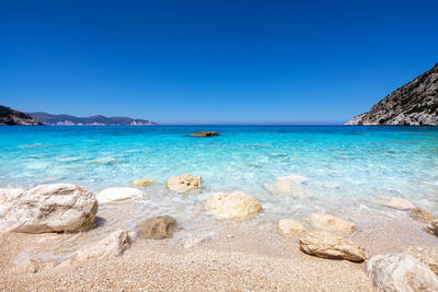 Scenic view of sea against clear blue sky